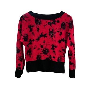 Vintage Montagut Red Black Floral Jacquard Cashmere Sweater Pullover Small